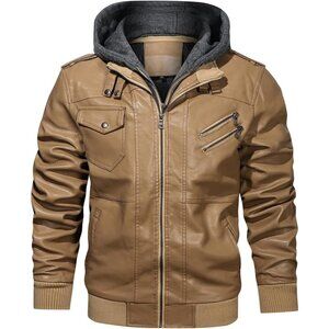 🆕 Hood Crew PU Faux Leather Zipper Jacket Women Brown Stand Collar Bomber Hood